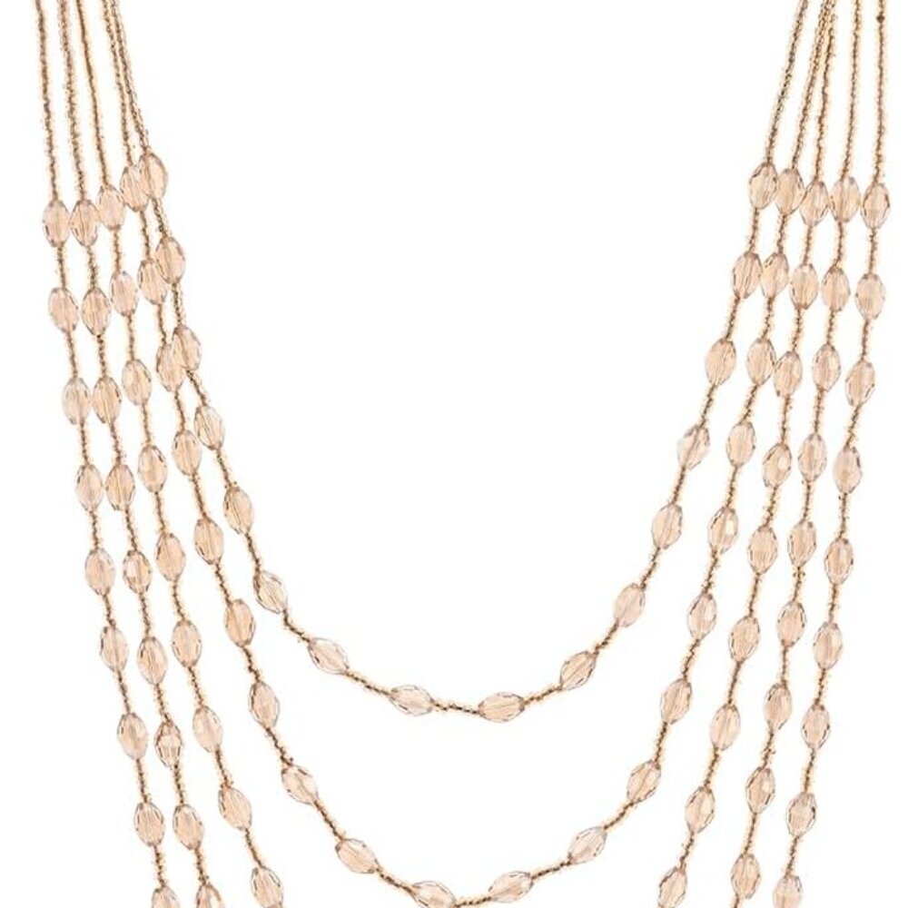Champagne Gold Oval Beads Statement Necklace Multi-Strand Long Chains with Cryst